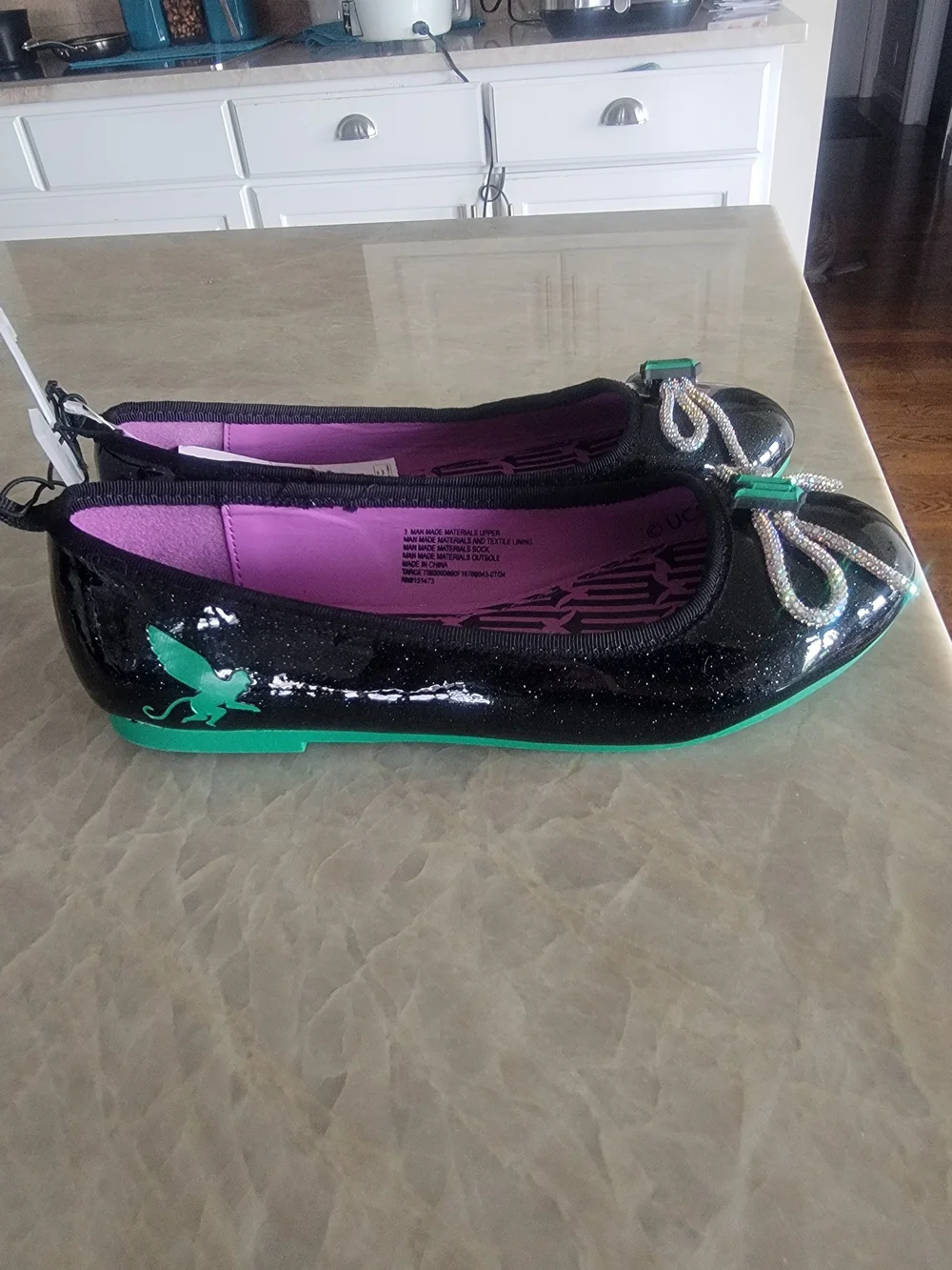 Kids Black Ballet Flats with Purple Insole and Green Accent -Wicked Size 3 & 11T